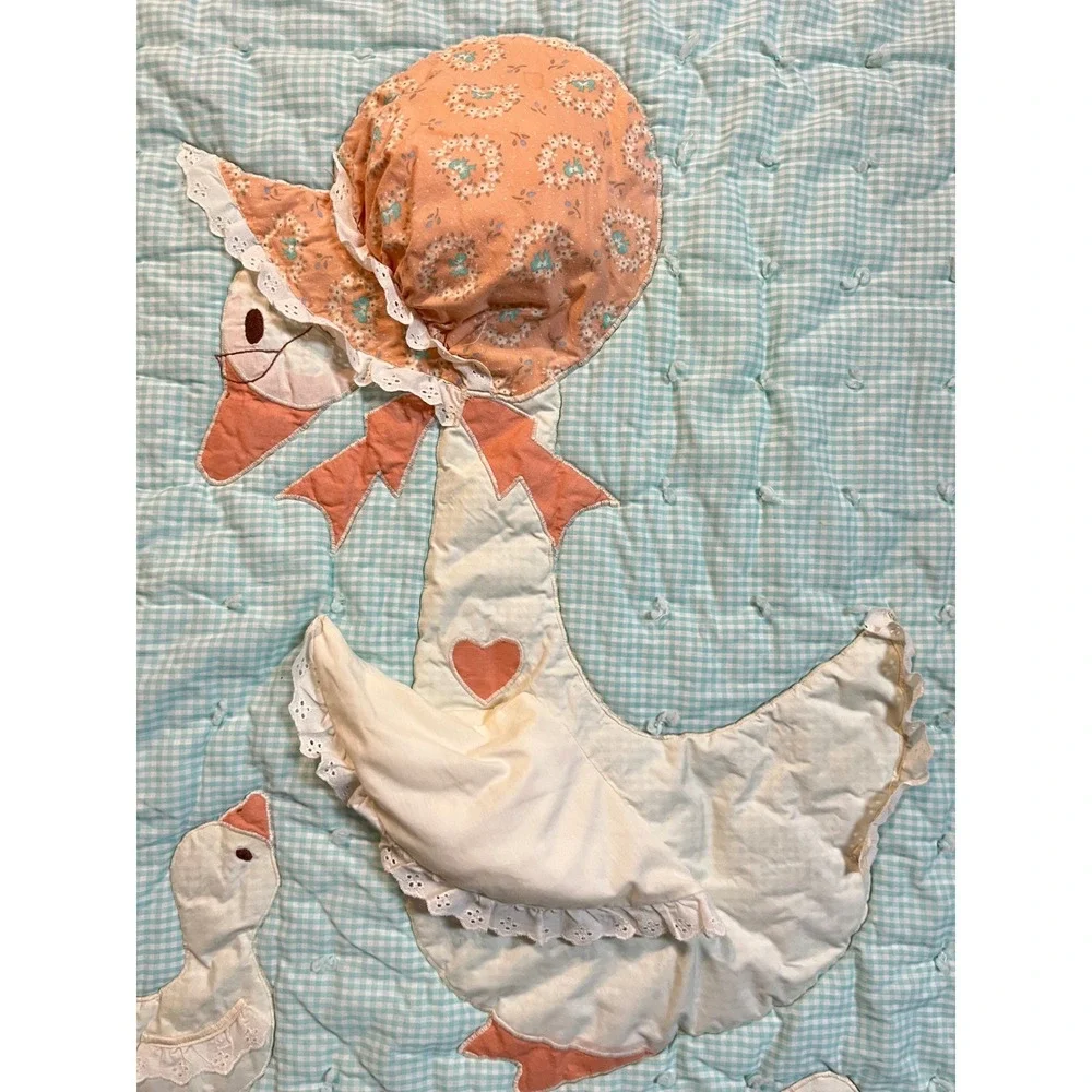 Vintage Mother Goose Baby Quilt Duck Gingham Lace Handmade Cottagecore Granny